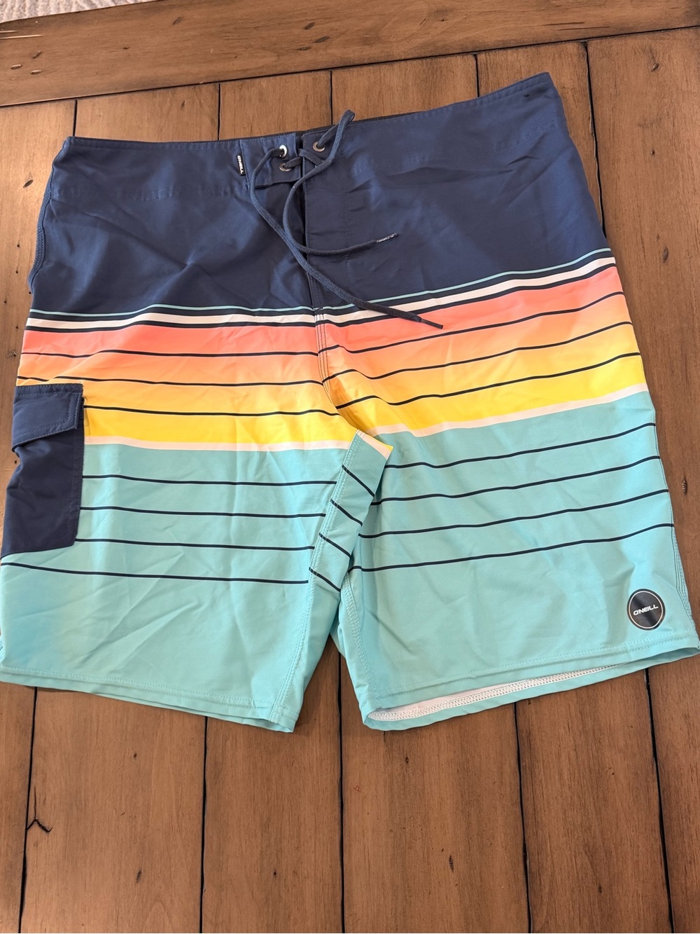O'Neill Navy, Coral, Yellow & Teal Striped Board Shorts Size 36 Like New #488